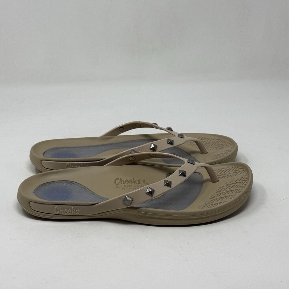 Cheeks Tony Little Exercise Sandals Womens 9 Tan Brown Studded Thong Comfort